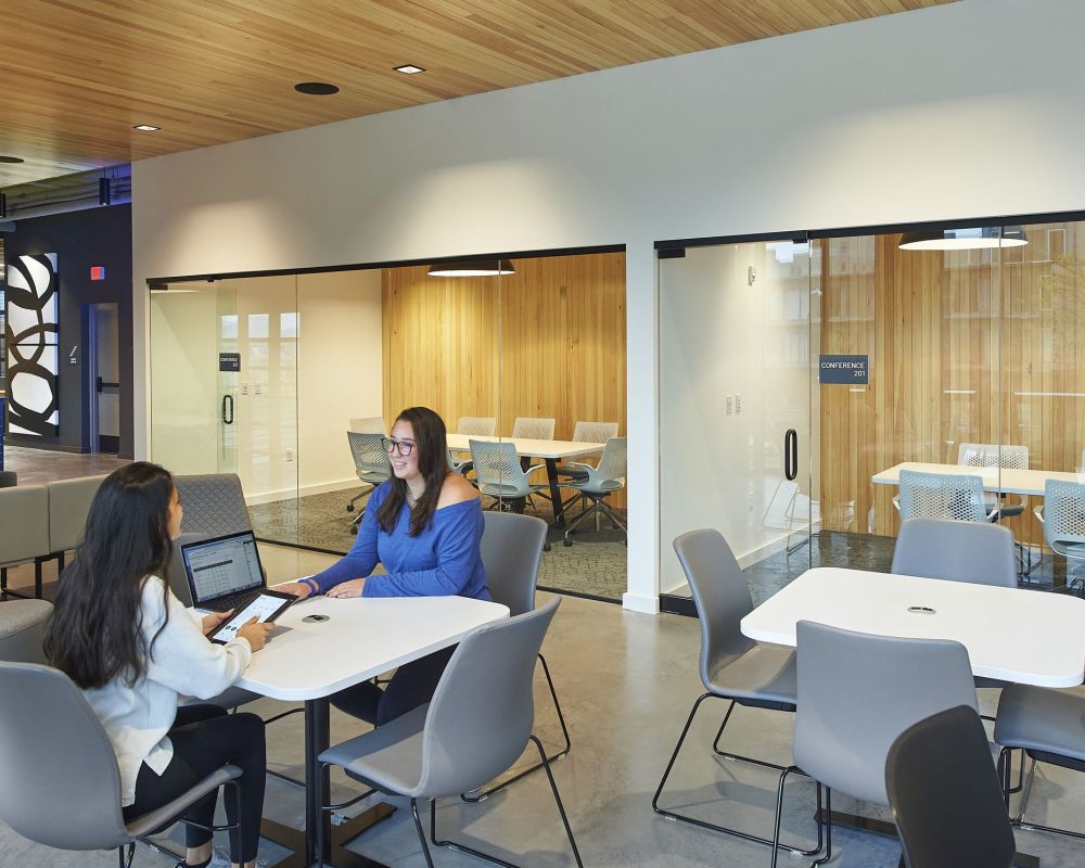 VERVE St.Louis study area with private conference rooms and open seating area